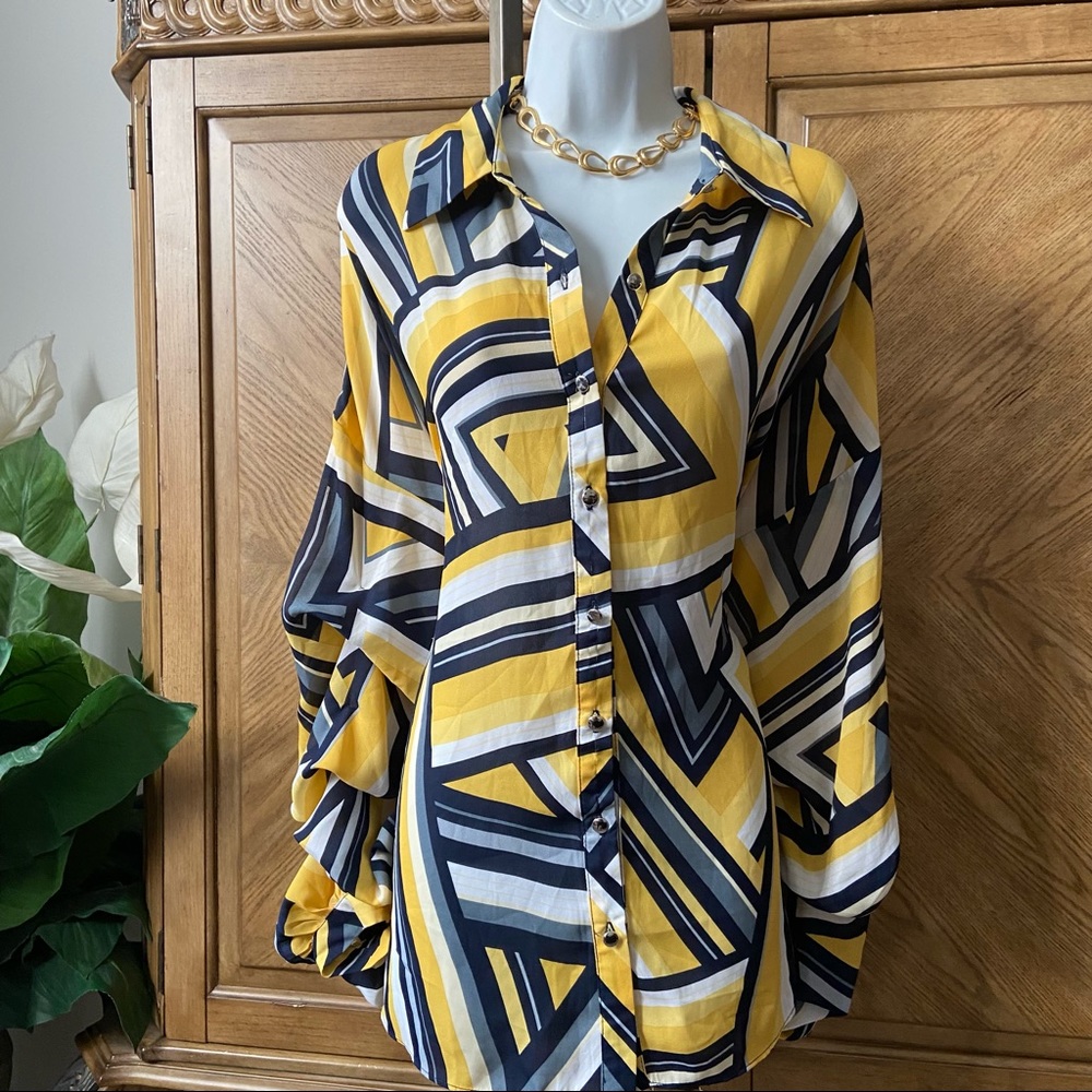 Ashley Stewart Yellow Blue Push Sleeve Blouse